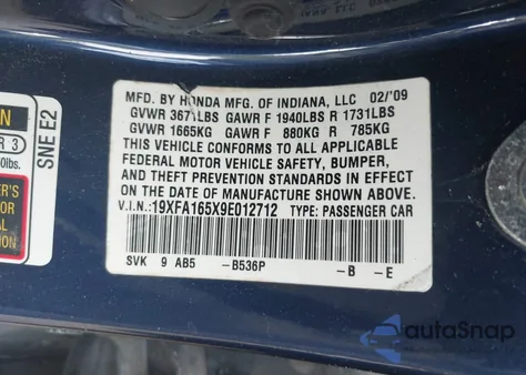 2009 Honda Civic Lx z USA, uszkodzony, nr VIN 19XFA165X9E012712